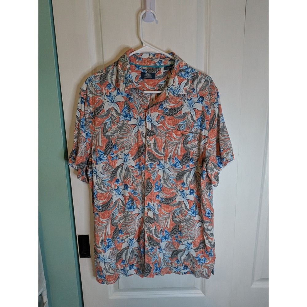 Havana Jim Mens Large Orange Blue Tropical Floral Rayon Short Sleeve Shirt